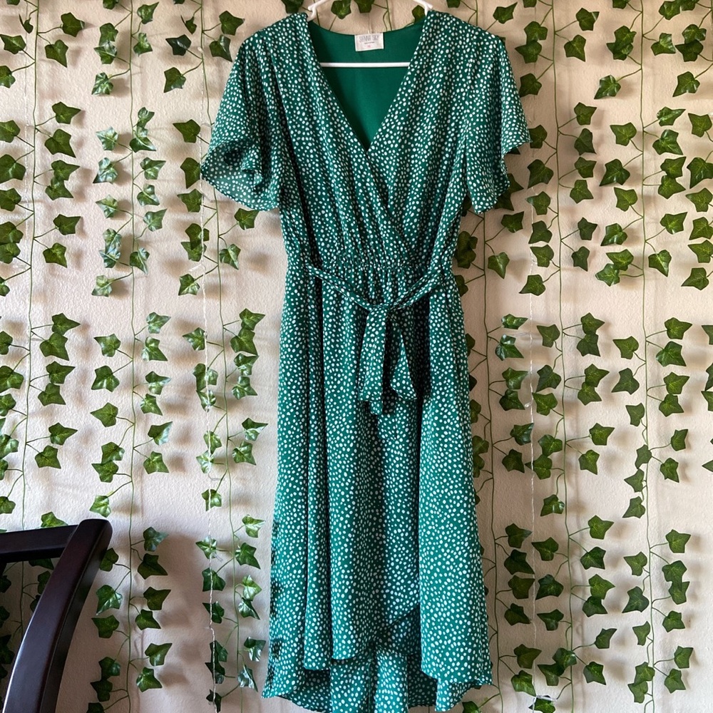 Green Polka-Dot Dress with Belt